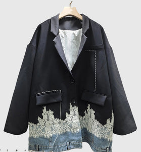Lace Hem Denim Blazer Jacket