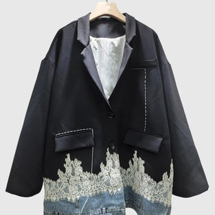 Lace Hem Denim Blazer Jacket