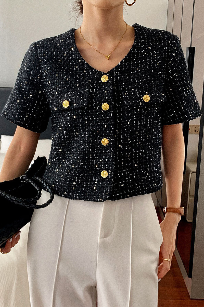 Buttoned Short Sleeve Tweed Blazer