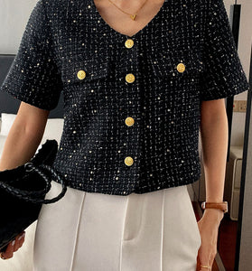 Buttoned Short Sleeve Tweed Blazer