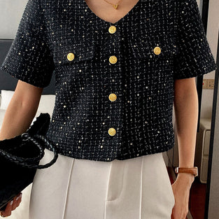 Buttoned Short Sleeve Tweed Blazer