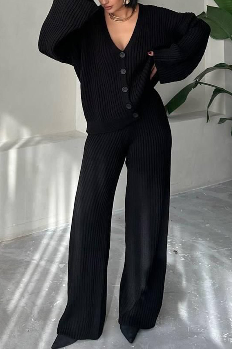 Ribbed Button-Up Pants Set