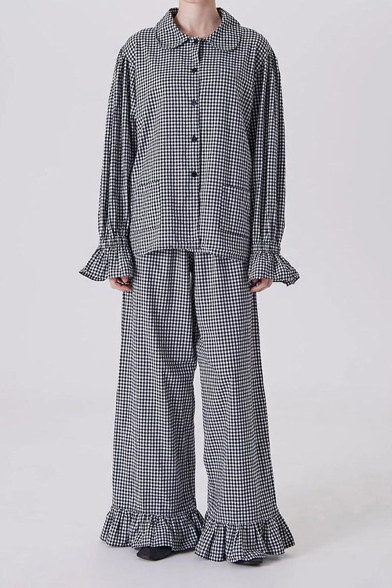 Gingham Ruffle Sleeves and Hem Pants Set