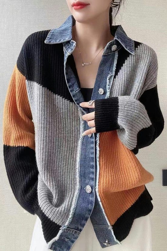 Color Block Denim Trim Cardigan