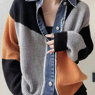 Color Block Denim Trim Cardigan