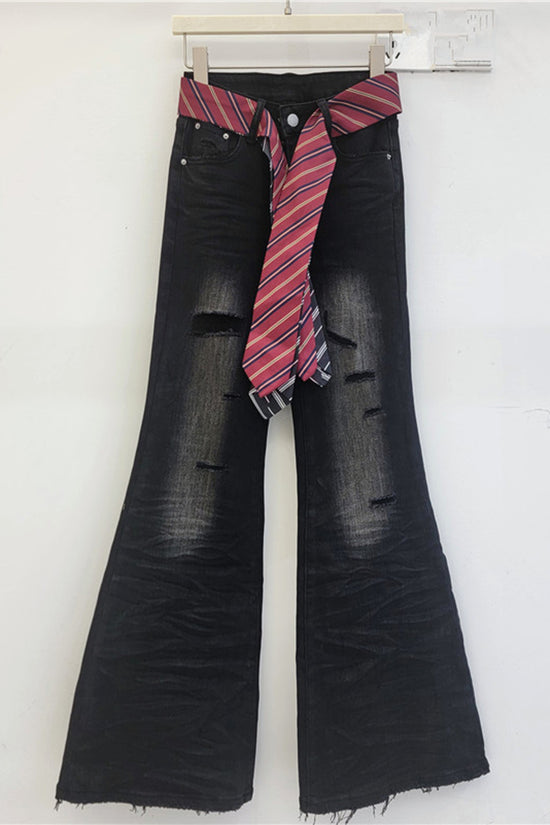 Distressed Flare Jeans with Belt Accent
