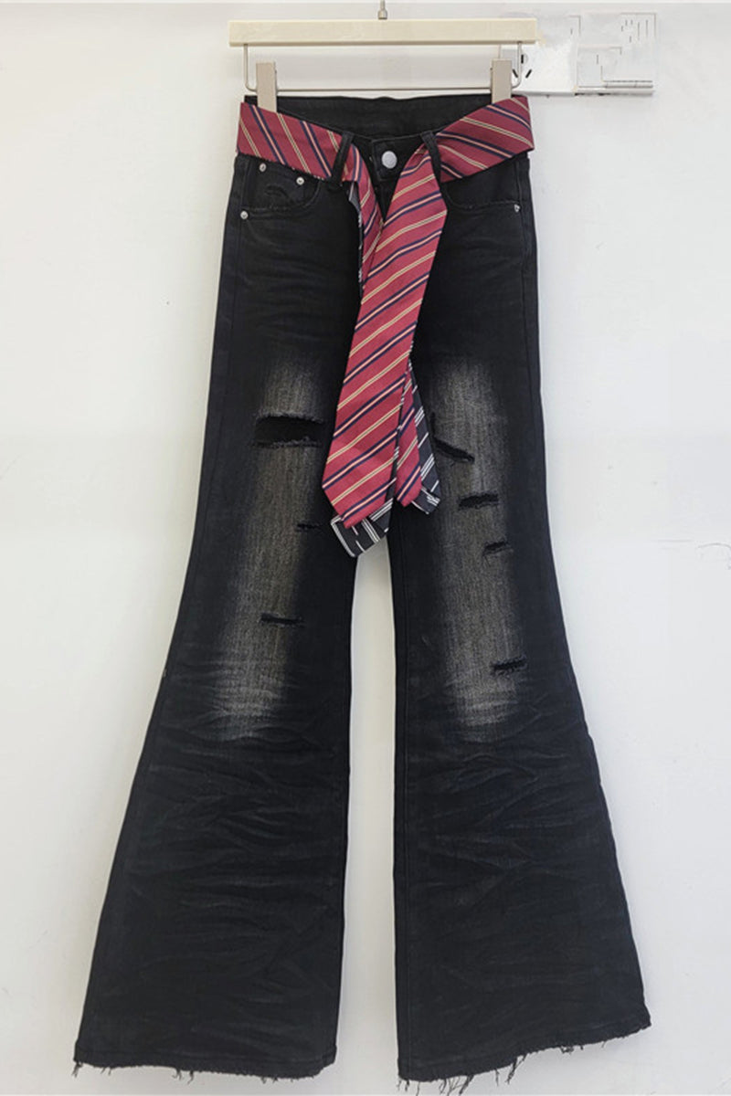 Distressed Flare Jeans with Belt Accent