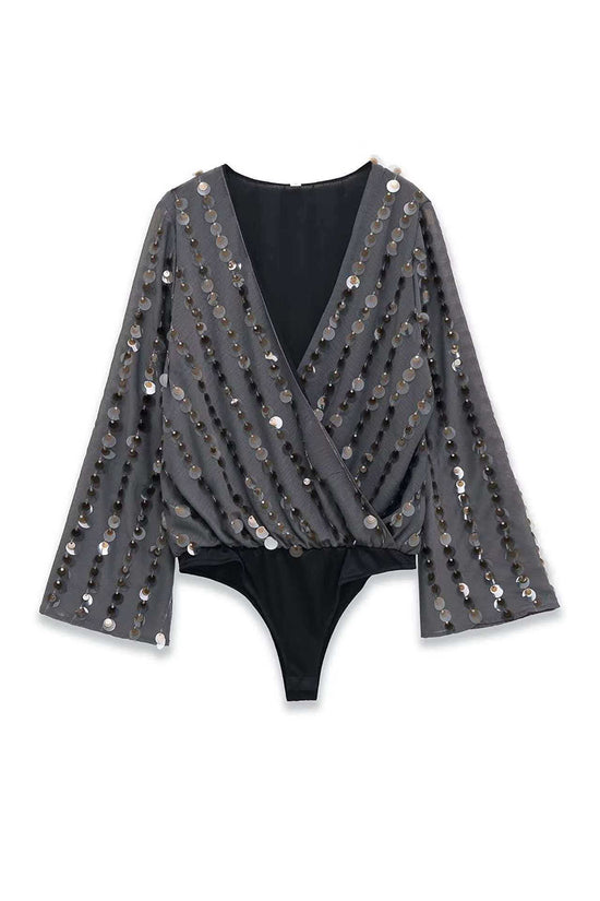 Sequin Detail V-Neck Bodysuit