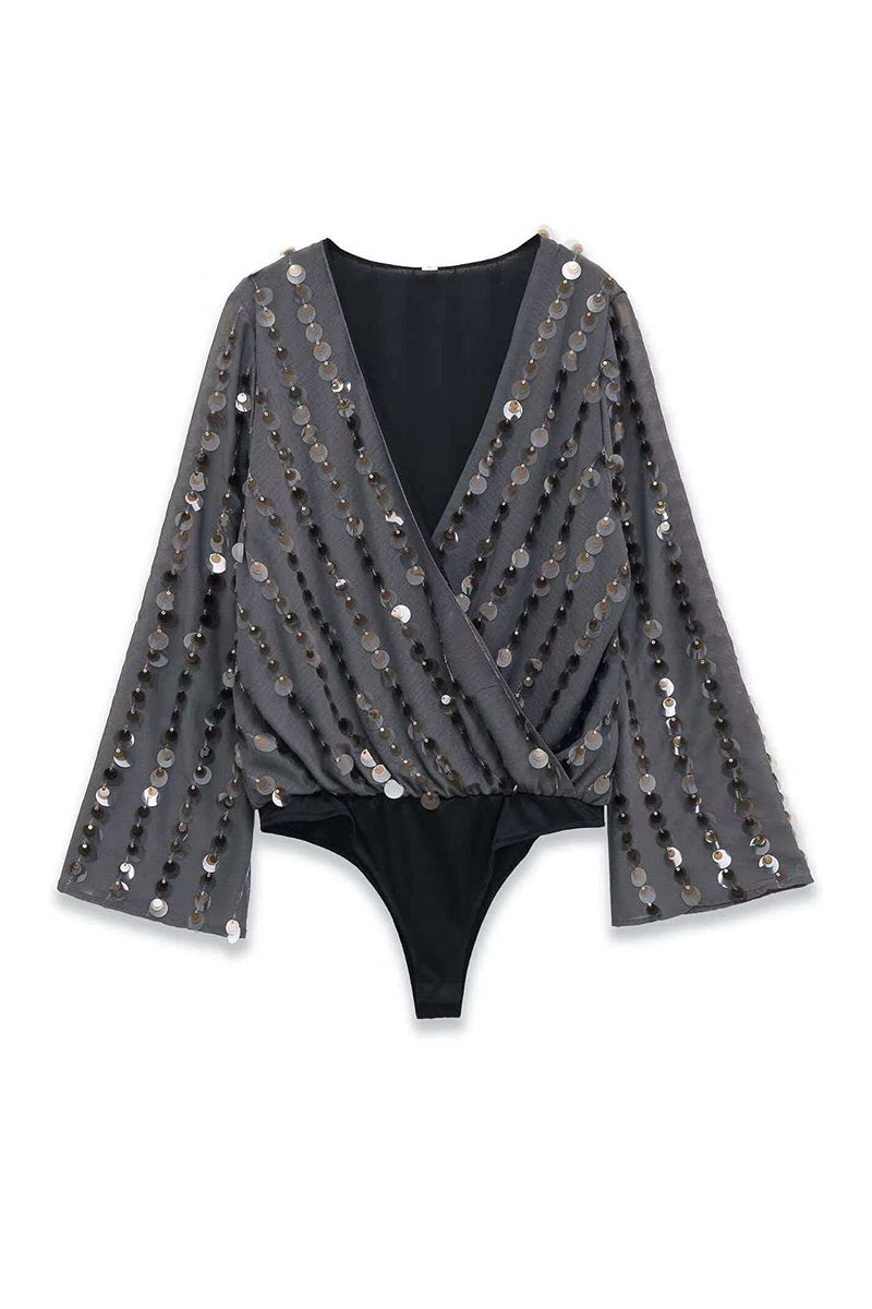 Sequin Detail V-Neck Bodysuit