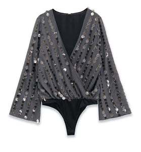 Sequin Detail V-Neck Bodysuit