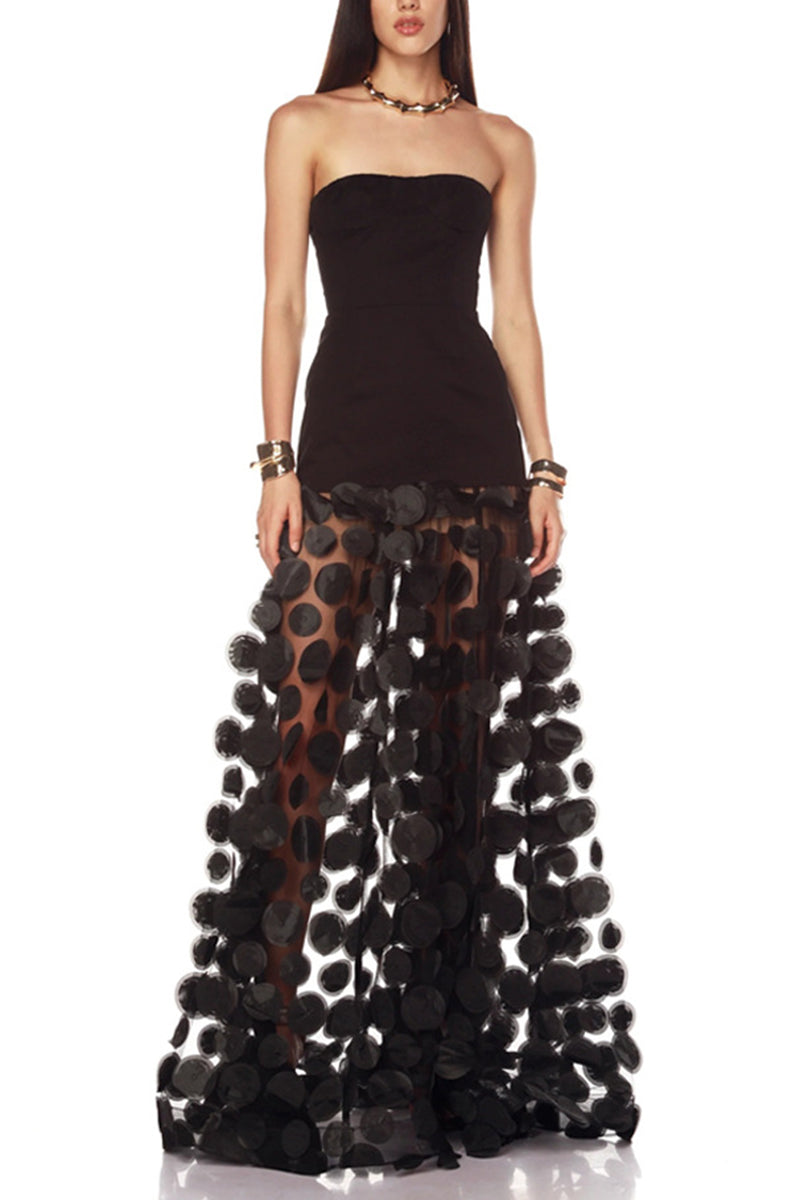 Strapless Sheer Polka Dot Evening Gown