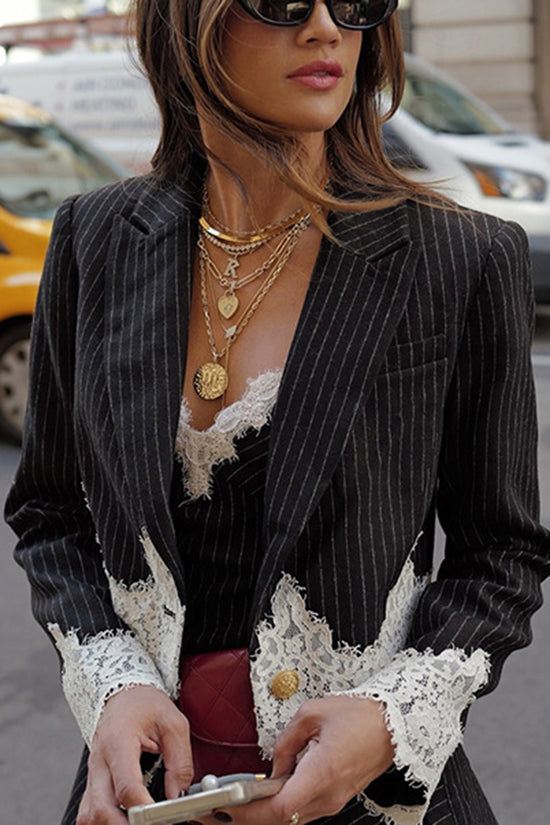 Chic Pinstripe Lace Detail Blazer