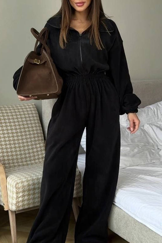 Cozy Zip-Up Jumpsuit with Elastic Waist