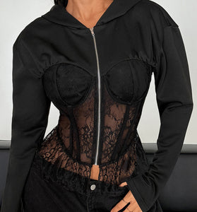 Zipper Lace Corset Blouse with Hoodie
