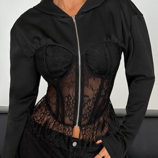 Zipper Lace Corset Blouse with Hoodie