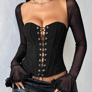 Lace-Up Mesh Sleeve Corset Top
