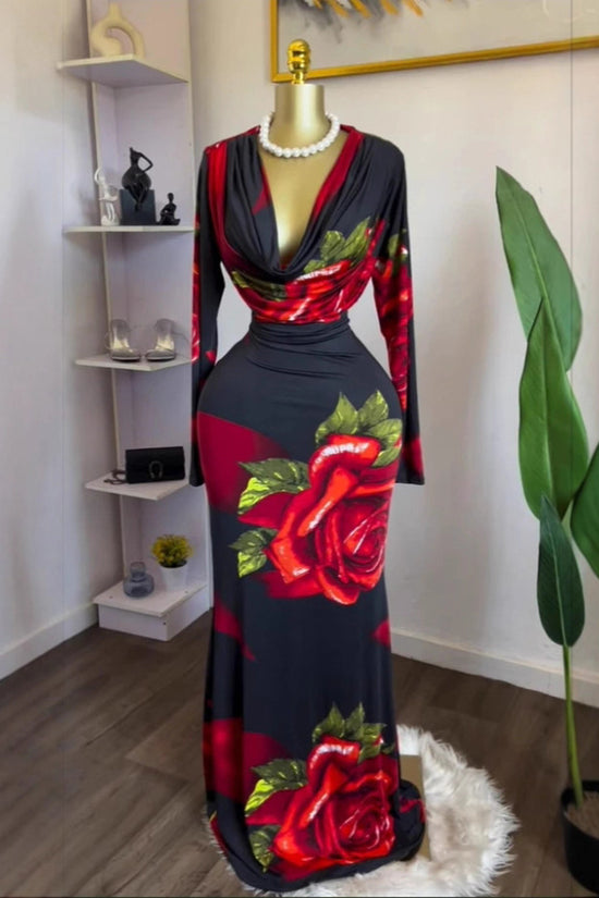 Rose Print Long Sleeve Casual Dress