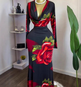 Rose Print Long Sleeve Casual Dress