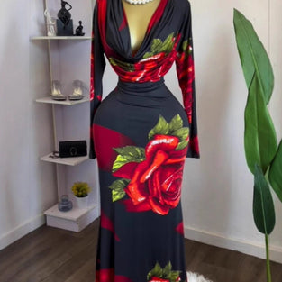 Rose Print Long Sleeve Casual Dress