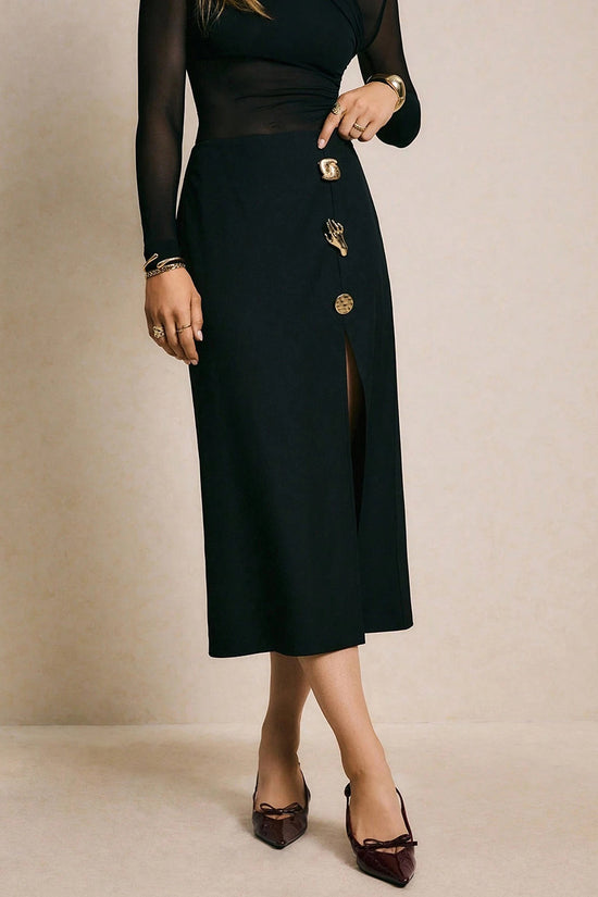 Embellished Button Midi Skirt