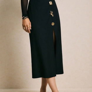 Embellished Button Midi Skirt