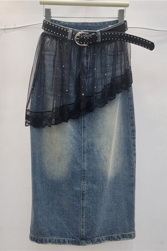 Chic Denim Skirt with Lace Overlay