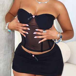 Strapless Mesh Bodycon Skirt Set