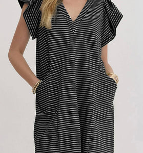 Stripe Textured V Neck Flutter Sleeve Mini Dress