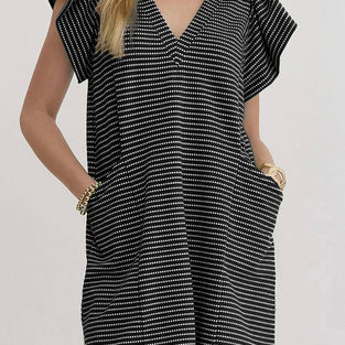 Stripe Textured V Neck Flutter Sleeve Mini Dress