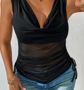 Draped V-Neck Mesh Ruched Tank Top