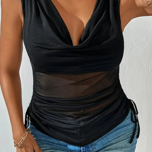 Draped V-Neck Mesh Ruched Tank Top