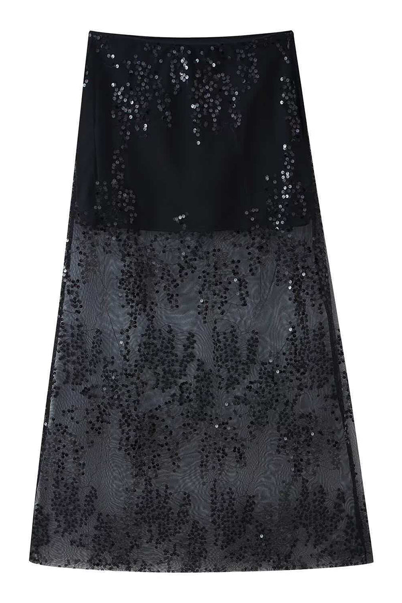 Sequined Mesh Midi Skirt