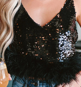 Sparkling Sequin Feather Trim Tank