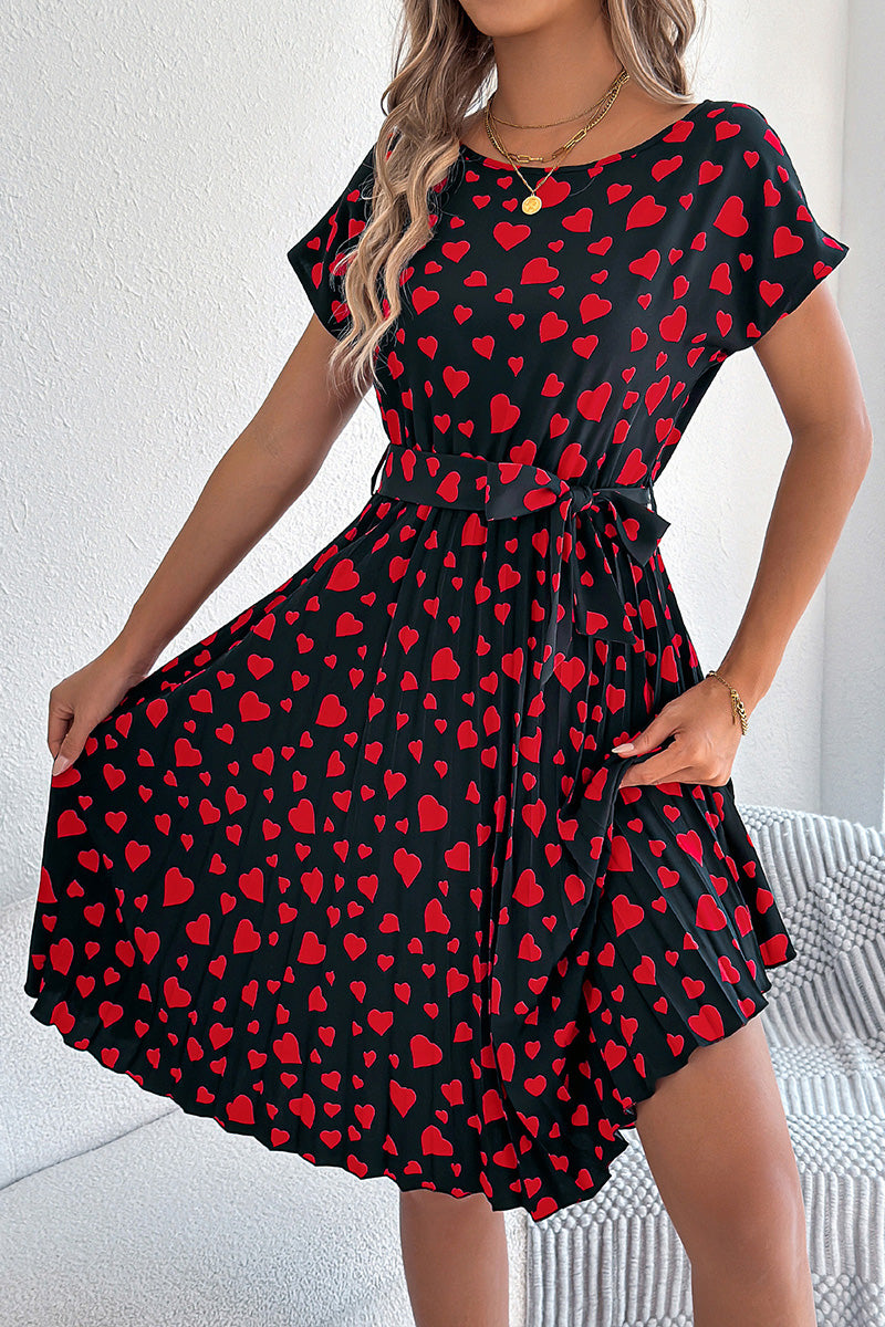 Heart Print Belted Casual Dress