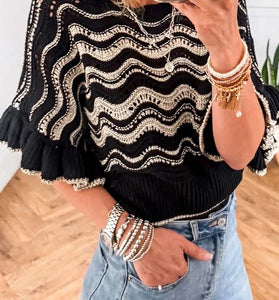 Stripe Wavy Crochet Ruffle Half Sleeve Top