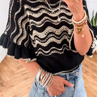 Stripe Wavy Crochet Ruffle Half Sleeve Top