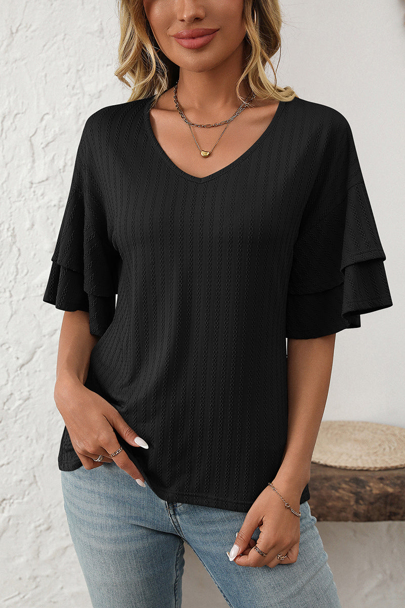 Ruffle Sleeve V-Neck T-Shirt
