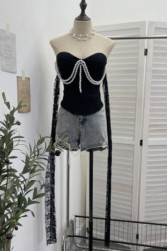 Pearl Embellished Sleeveless Lace Tank