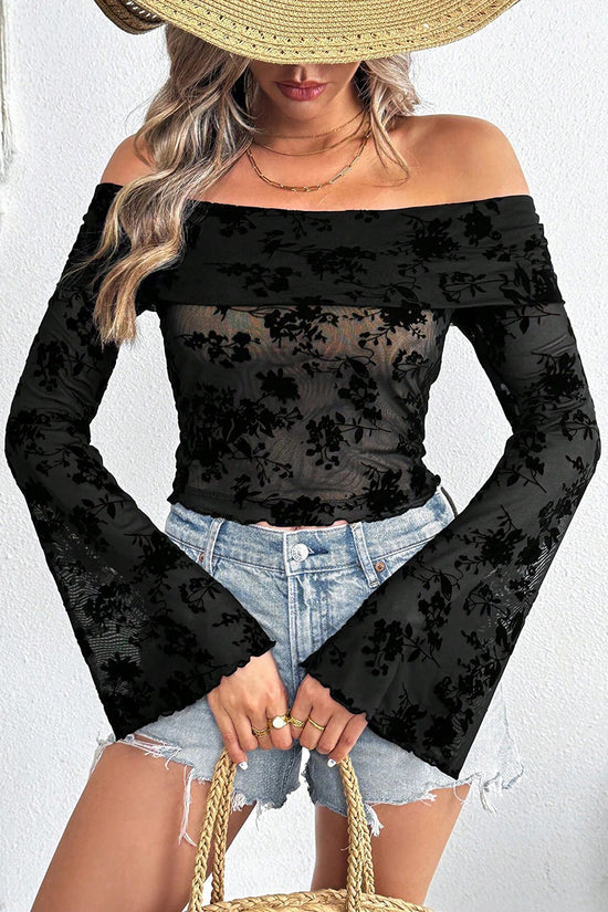 Off-Shoulder Floral Mesh Top