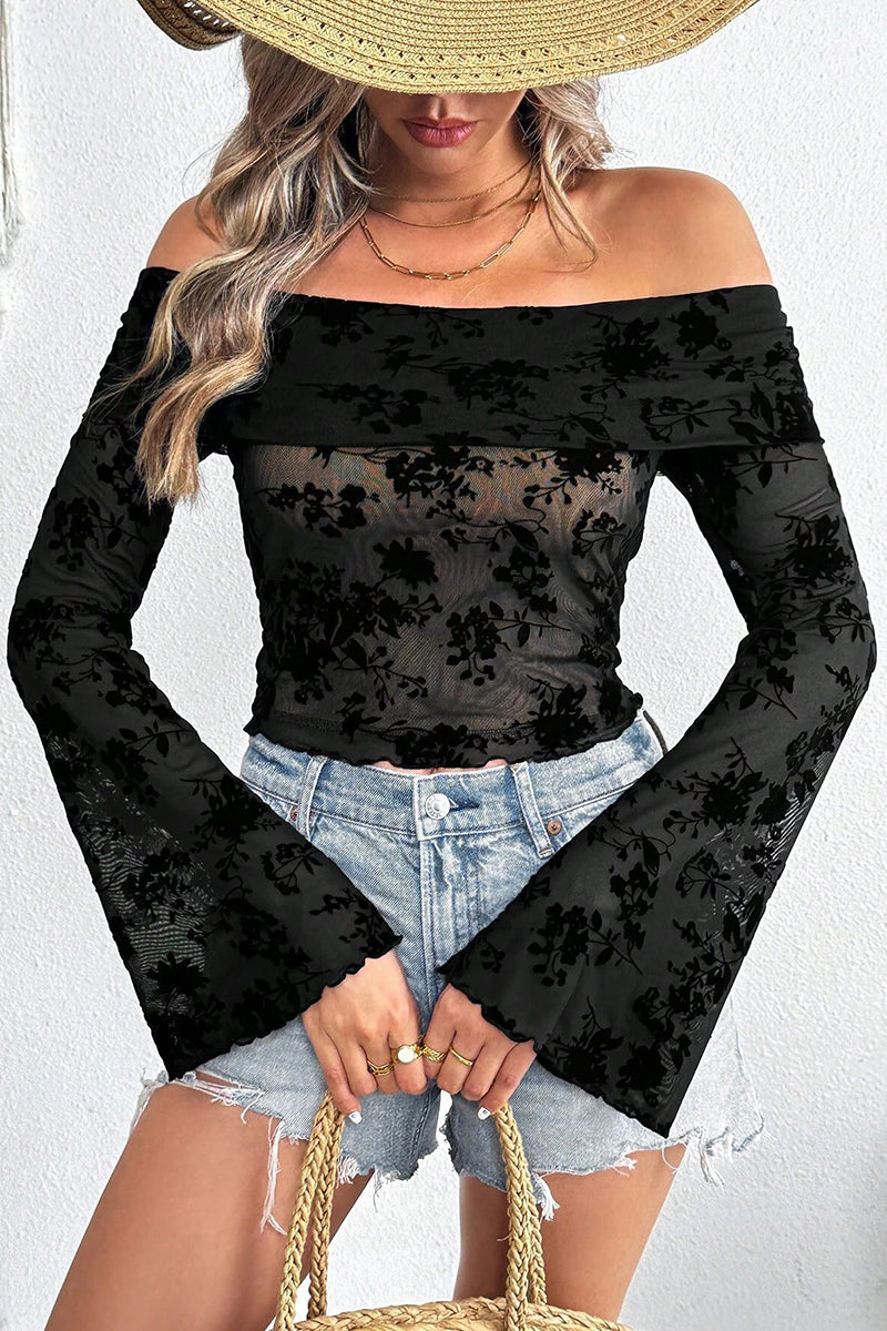 Off-Shoulder Floral Mesh Top