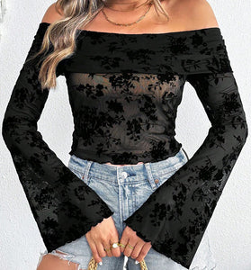 Off-Shoulder Floral Mesh Top