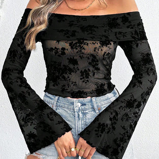 Off-Shoulder Floral Mesh Top