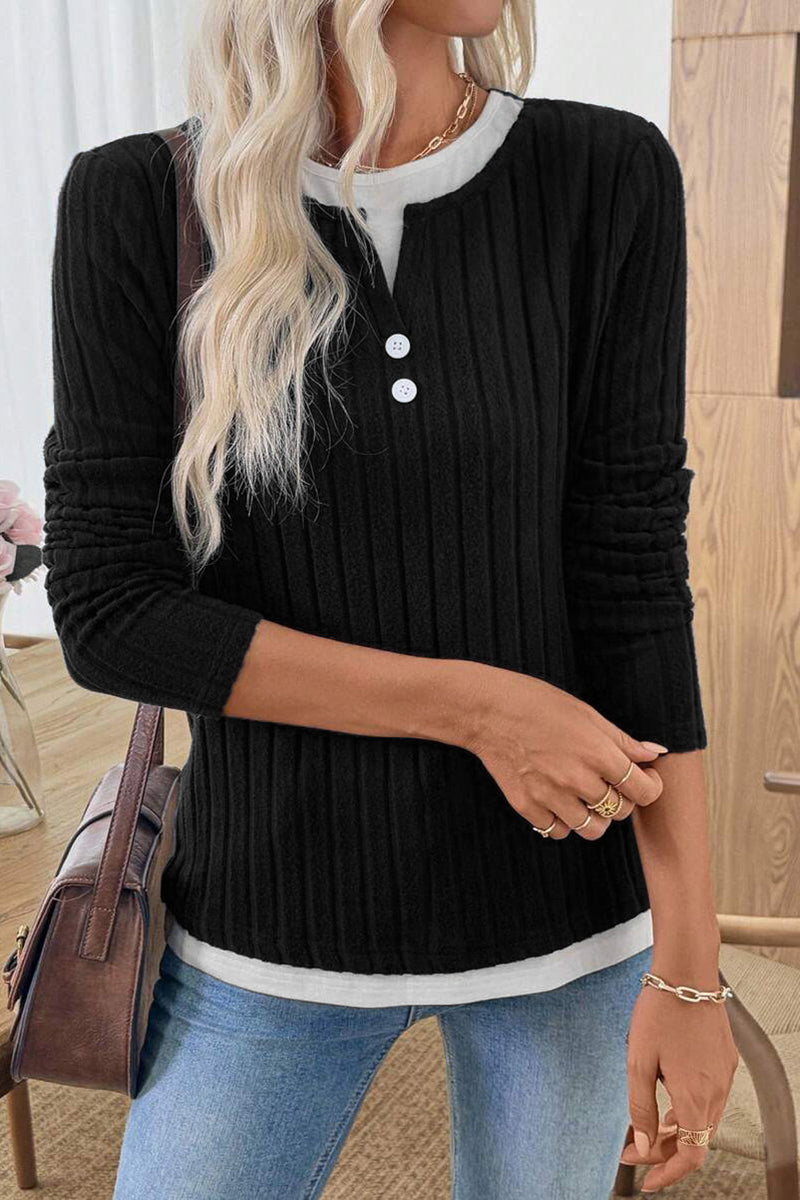 Ribbed Button Detail Long Sleeve Top