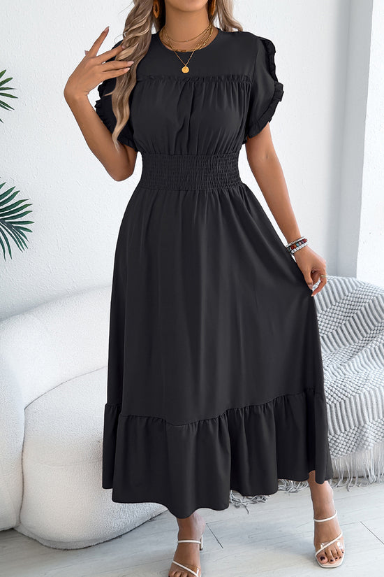Ruffled Short Sleeve Casual Midi Dress