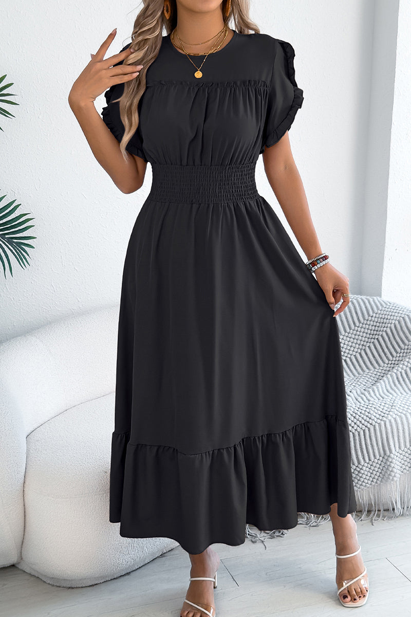 Ruffled Short Sleeve Casual Midi Dress