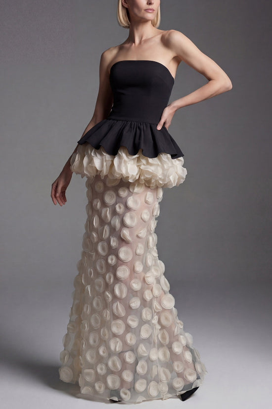 Strapless Peplum Polka Dot Evening Gown