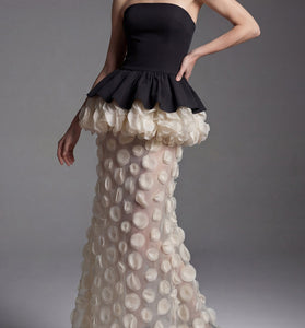 Strapless Peplum Polka Dot Evening Gown