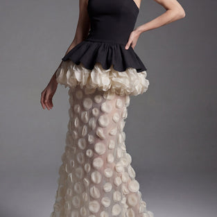 Strapless Peplum Polka Dot Evening Gown