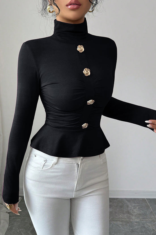 Elegant Buttoned High Neck Peplum Top