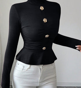 Elegant Buttoned High Neck Peplum Top